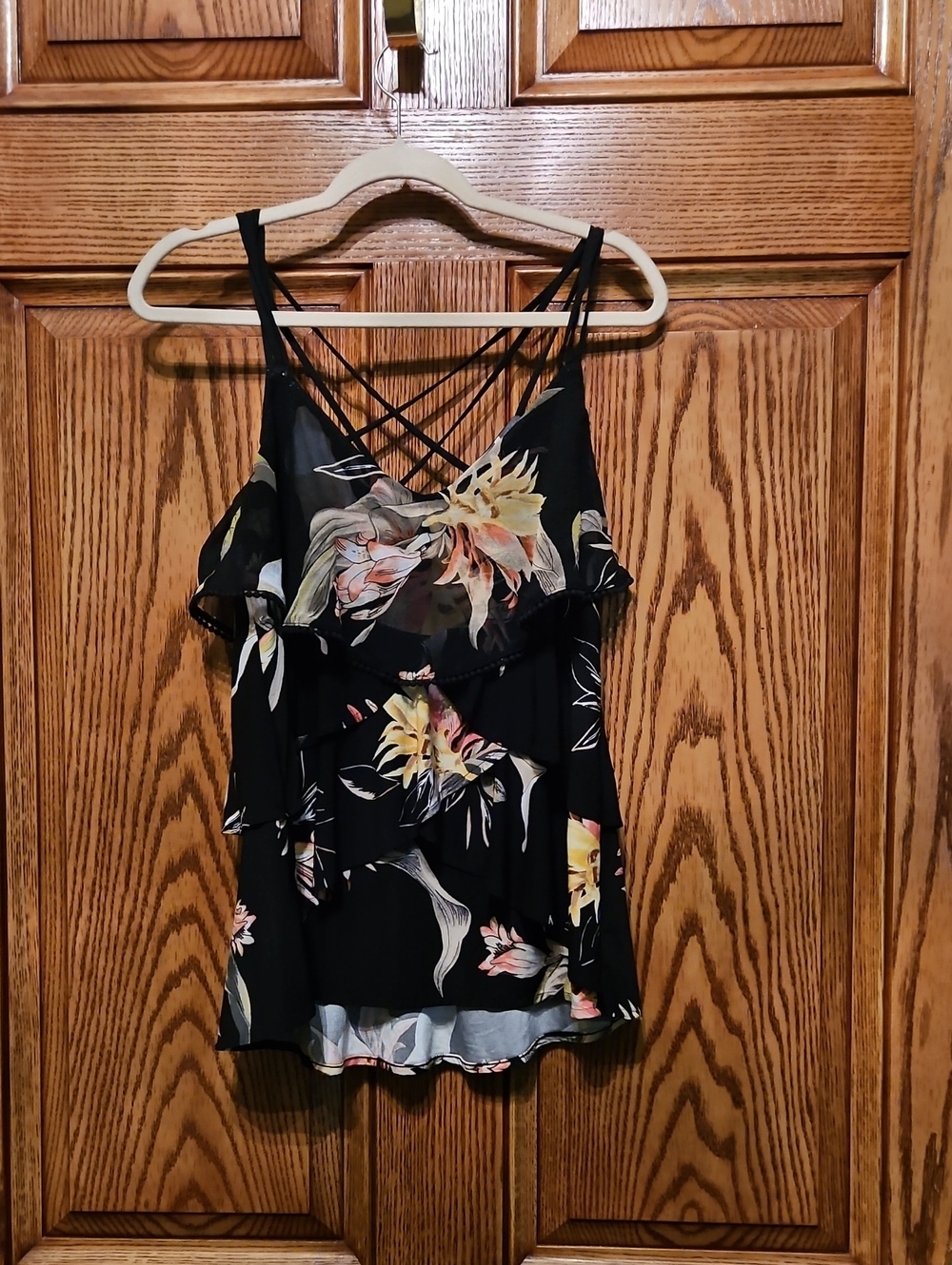 White House Black Market Black Floral Ruffle Cami with Crisscross Straps